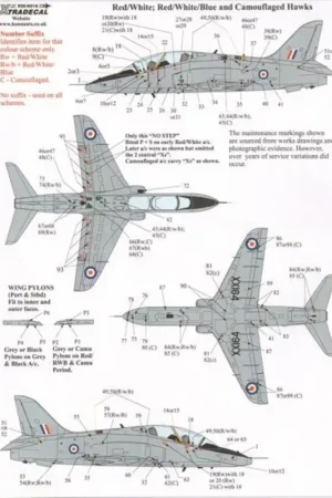 Sticker BAe Hawk T.1 Comprehensive Maintenance Marks for early Red/White/Blue and Camouflaged Dark Green/Dark Sea Grey. Sheet in Alleen Vandaag