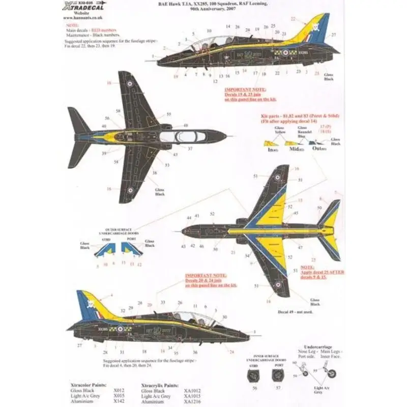 Laatste Versie Sticker BAe Hawk T.1A XX285 100 Squadron 90th Anniversary 2007 with Yellow and Blue trim.
