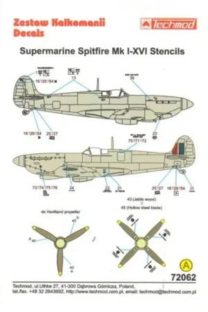 Sticker Supermarine Spitfire Mk. I à XVI Stencil Data for two aircraft. Decal Korting