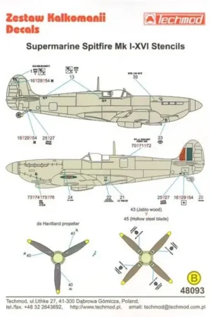 Sticker Supermarine Spitfire Mk. I à XVI Stencil Data for two aircraft. Decal Uitverkoop