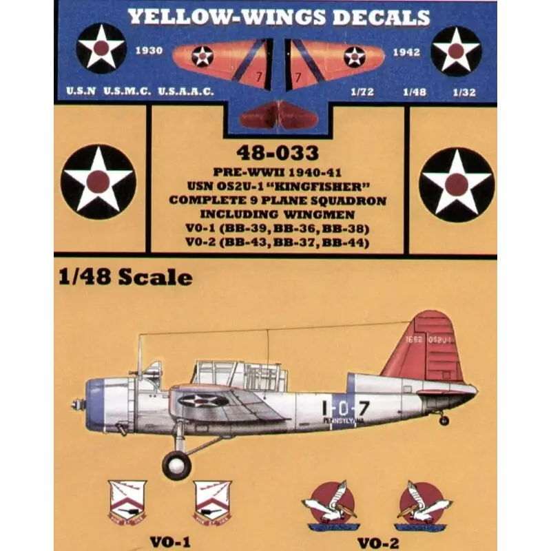 Fabrieksprijs Sticker Vought OS2U-1 Kingfisher. 1940/41 9 plane Squadron including Wingmen from VO-1 USS Arizona USS Nevada and USS Pennsylvan