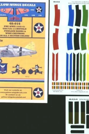 Betrouwbaar Sticker Brewster F2A-1/2 Buffalo USN Wing Chevrons and Fuselage Bands in 6 section colours and VF-2 and VF-3 Squadron Badges
