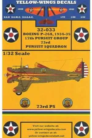 Meest Verkocht Sticker Boeing P-26A/C Peashooter (1) No 37 73rd Pursuit Squadron California Golden Bears 1934-35 Red/yellow trim Fuselage olive