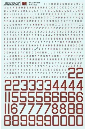 Sticker RAF WWII Red 8 serial letters and numbers stencil and non-stencil styles and 48 x 30 x 6 code numbers to go with MD082. Aanbieding
