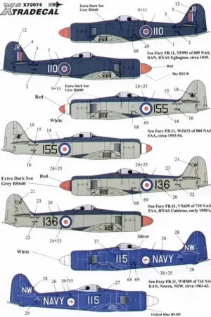 Voordeelprijs Sticker Hawker Sea Fury FB11 (8) FAA WZ632/155 804 NAS VX639/136/CW 739 NAS Culdrose Royal Australian Navy TF991/110/JR 805 NAS