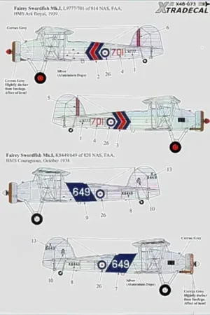 Sticker Fleet Air Arm Fairey Swordfish 1938-39 (4) L9777/701 814 NAS HMS Ark Royal 1939 blue/red/blue fuselage band K8449/649 82 Exclusieve Aanbieding