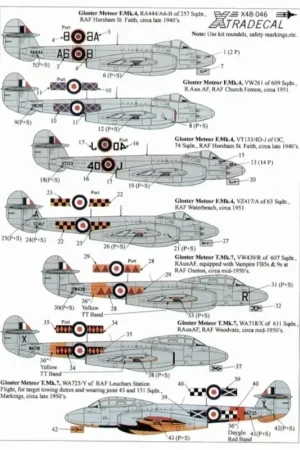 Koop Online Sticker Gloster Meteor F.4 and Gloster Meteor T.7 (11) F MK 4 (4) RA444 A6-B 257 Squadron VT133 4D-J 74 Squadron both Horsham St