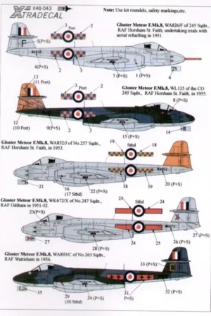 Sticker Gloster Meteor F.8 (9) WA826/F or WL135 245 Squadron WA852/J 257 Squadron WK872/X 247 Squadron WA893/C 263 Squadron WF65 Dagaanbieding