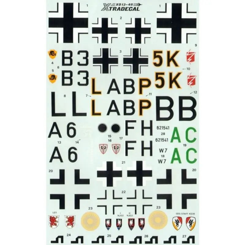 Exclusieve Aanbieding Sticker Junkers Ju 88A-4/D-1/G-6C (4) B3+LA 111/KG54 5K+BP 6/KG3 Blitz A6+FH FAGR.120 W7+AC II Gruppe Staff Flt NG100. Also badg