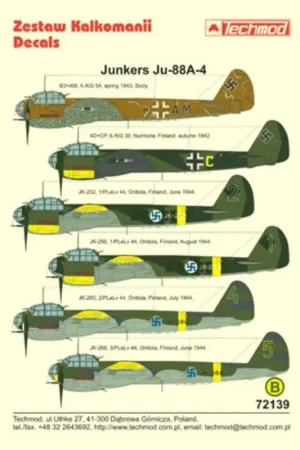 Sticker Junkers Ju-88A-4 (5) B3-AM 4/KG 54 Sicily 1943 Desert scheme 4D+CP 8/KG 30 in Finland 1942 RLM 70/71/22 Finland Air Forc Goedkoop