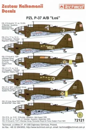 Dagaanbieding Sticker PZL P.37A/B LOS (6) White 65 142FS White 1 112FS White 9 132FS. all Khaki/Lt Blue White 3 12 Bomber Squadron 1939 White