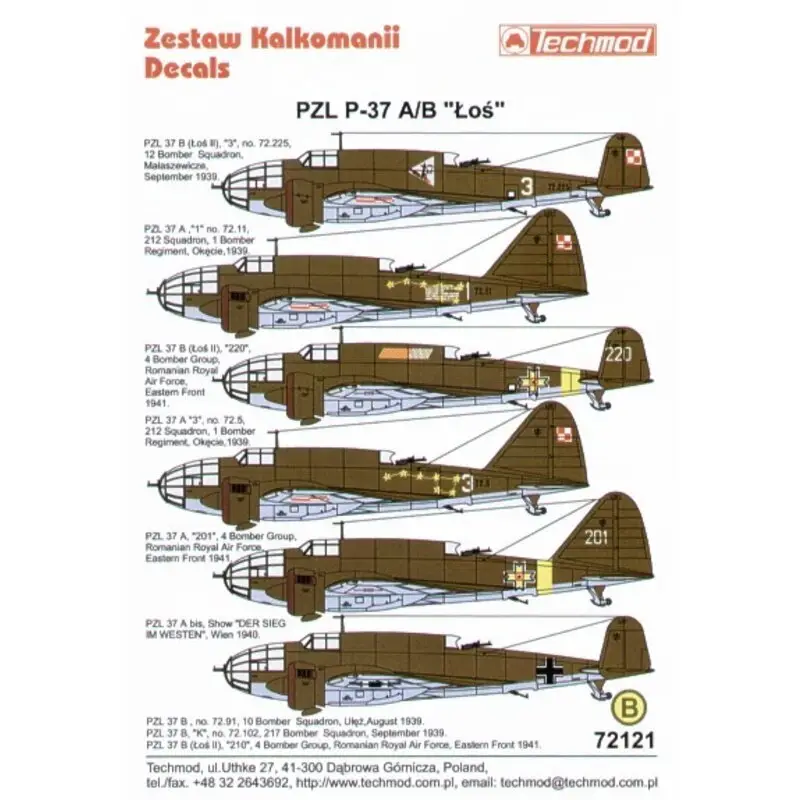 Dagaanbieding Sticker PZL P.37A/B LOS (6) White 65 142FS White 1 112FS White 9 132FS. all Khaki/Lt Blue White 3 12 Bomber Squadron 1939 White