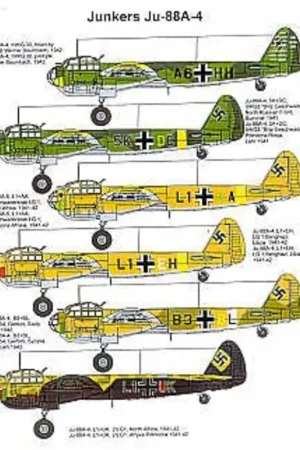 Sticker Junkers Ju 88A-4 (6) A6+HH III/KG 30 with ship kill markings 5K+DG II/KG3 Russia 1941 L1+AA LG 1 North. Africa L1+EH LG Beperkt Aanbod