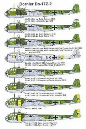 Sticker Dornier Do 17Z-2 (8) 5K+EA or 5K+FA KG3 Belgium 1940 5K+FD Stab III KG3 E. Prussia 1939 5K+HU KG3 Russia 1941 F1+AT or F Flitsaanbieding