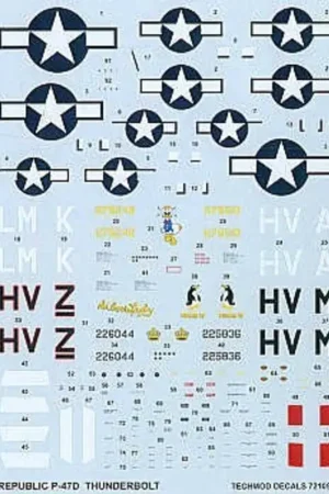 Uitverkoop Sticker Republic P-47D Thunderbolt Razorback (4) 275242 LM-K 62FS Capt M. Quirk Halesworth. Camo 226044 HV-Z 61FS Maj Leslie Smi