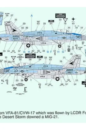Sticker McDonnell Douglas F/A-18A Hornet (2) 163609 401/AA VFA-81 LCDR Fox MiG Kill Desert Storm 163132 VM/01 VMFA-451 Desert Sh Fabrieksprijs
