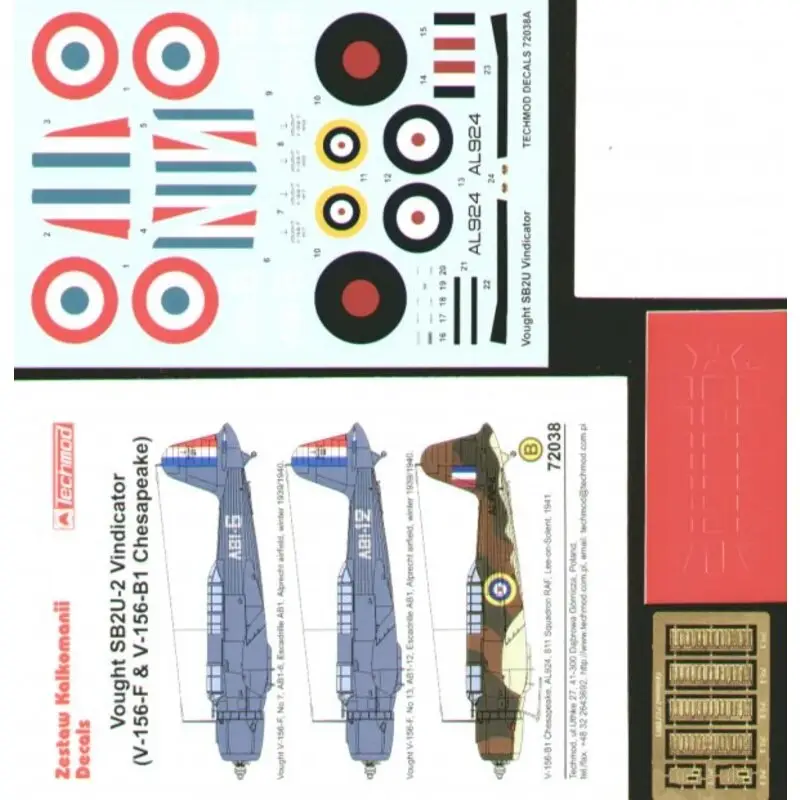 Sticker Vought SB2U Vindicator/Chesapeake (3) V-156-F AB1-6 and AB1-12 Both Escadrille AB1 1939-40 overall matt blue/grey V-156- Laatste Versie