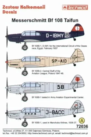 Weekendaanbieding Sticker Messerschmitt Bf 108 Taifun Part 2. (4) D-IBMY International Circuit of the Oasis race Egypt 1937 SP-AIO Central Staff o
