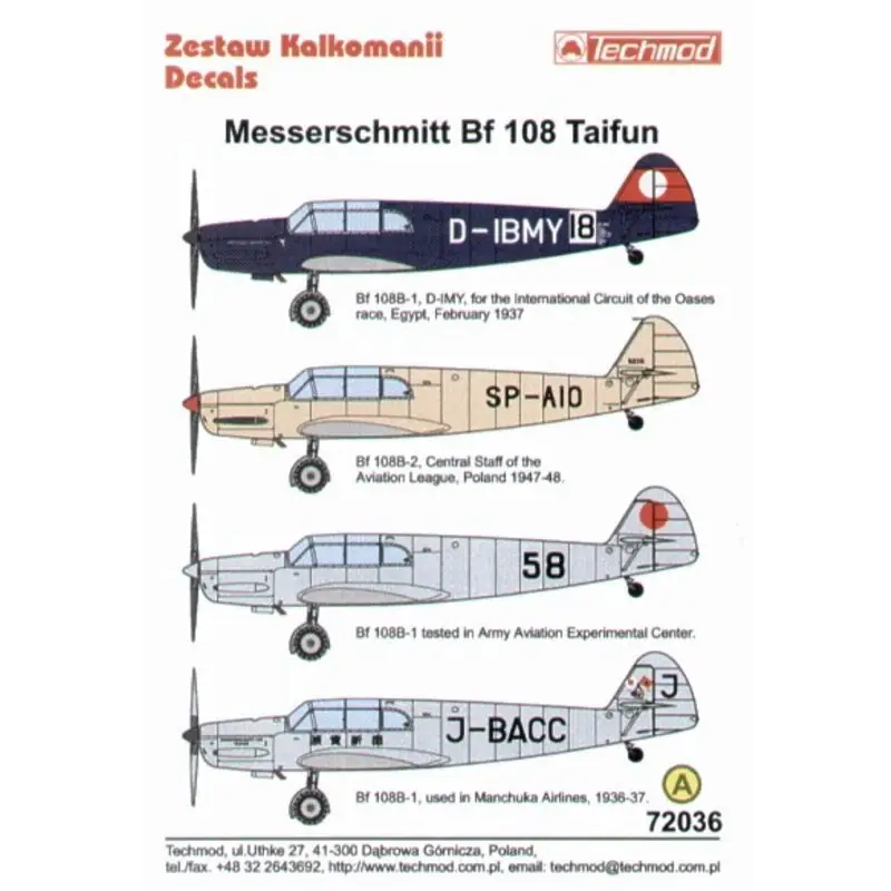 Weekendaanbieding Sticker Messerschmitt Bf 108 Taifun Part 2. (4) D-IBMY International Circuit of the Oasis race Egypt 1937 SP-AIO Central Staff o