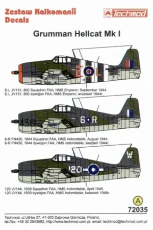 Sticker Grumman F6F Hellcat Mk.I FAA (3) JV131 E-L 800 NAS HMS Emperor D-Day stripes FN430 6-R 1844 NAS HMS Indomitable 1944 JV1 Direct Beschikbaar
