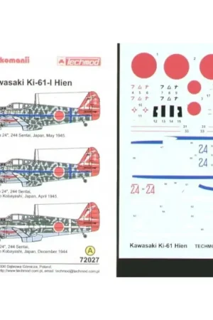 Sticker Kawasaki Ki-61-I Hien (3) `Blue 24′ 244 Sentai April and May 1945 `Red 24′ 244 Sentai December 1944 Must-Have