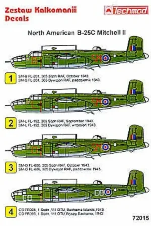 Exclusieve Aanbieding Sticker North American B-25C Mitchell III (4) FL201 SM-B FL192 SM-l FL686 SM-O all 305 Squadron 1943 FR395 CO-CO 1 Squadron 111O