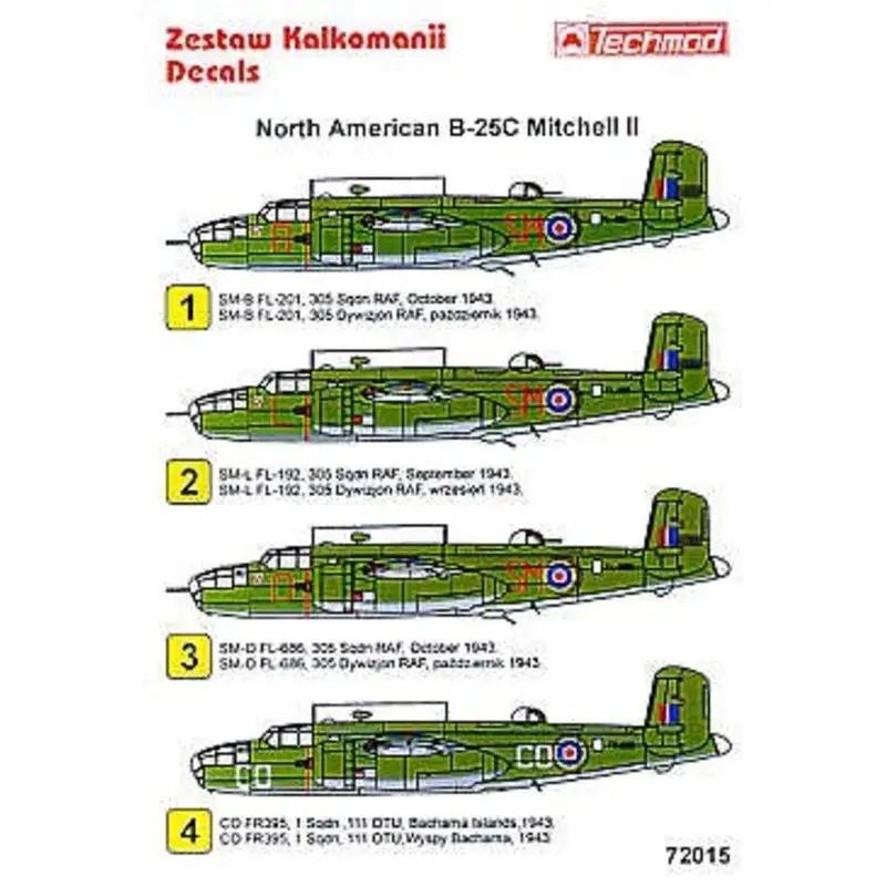 Exclusieve Aanbieding Sticker North American B-25C Mitchell III (4) FL201 SM-B FL192 SM-l FL686 SM-O all 305 Squadron 1943 FR395 CO-CO 1 Squadron 111O
