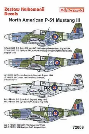 Sticker North American P-51B Mustang III (4) HB930 SZ-A 316 Squadron HB868 JZ FZ120 WC-F 309 Squadron all camouflage. FB161 PK-J Must-Have