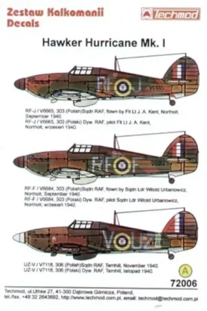 Actieprijs Sticker Hawker Hurricane Mk.I (3) V6665 RF-J Flt Lt J.A.Kent V6684 RF-F S/L Witold Urbanowicz. both 303 (Polish) Squadron Northo