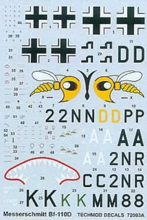 Sticker Messerschmitt Bf 110D (3) 2N+DP 9/ZG76 Wasp on nose 2N+AR 8/ZG76 M8+KC Major Erich Groth II/ZG76 shark mouth. All RLM 74 Beperkt Aanbod