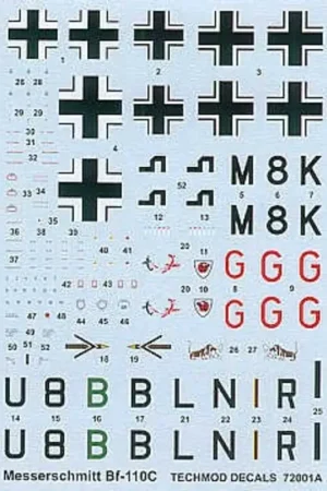 Sticker Messerschmitt Bf 110C (3) M8+GK Hptm Wolfgang Falck Staffelkapitan 2/ZG76 1939 RLM 70/71/65 U8+BB Hptm Gunther Sprecht I Aanbieding
