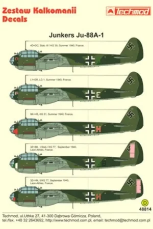 Express Levering Sticker Junkers Ju 88A-1 (5) 4D+DC Stab III/KG 30 L1+ER LG 1 9K+HS KG 51 3Z+BB I Stab/KG 77 3Z+HN5/KG 77. All based in France in