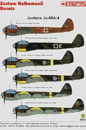 Betaalbaar Sticker Junkers Ju 88A-4 (5) B3-AM 4/KG 54 Sicily 1943 Desert scheme 4D+CP 8/KG 30 in Finland 1942 RLM 70/71/22 Finland Air Forc