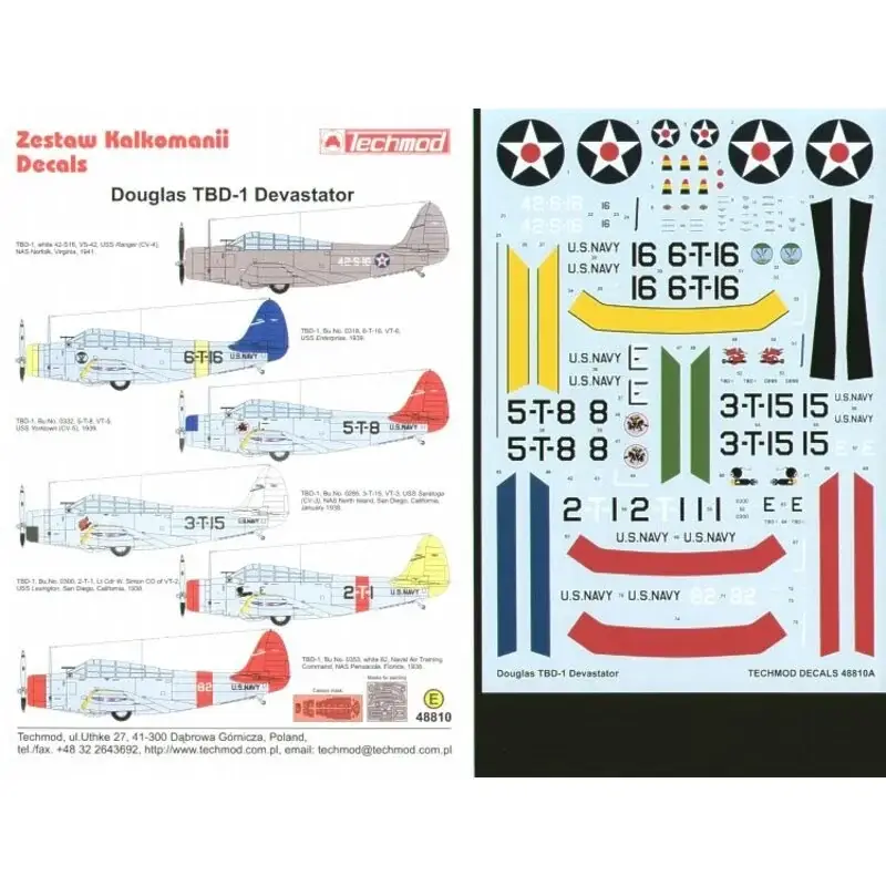 Sticker Douglas Douglas TBD-1 Devastator Pre War (6) 42-S-16 VS-42 USS Ranger 1941 overall grey 6-T-16 VT-6 USS Enterprise Blue Gereduceerde Prijs