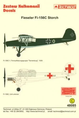 Voordeelprijs Sticker Fieseler Fi 156C Storch (2) Luftwaffe 4E+ON Fernaufklanrungsgruppe `Tannenburg′ 1939 CI+QZ Air Ambulance overall white.