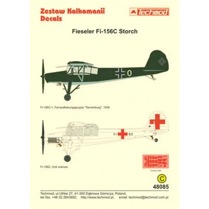 Voordeelprijs Sticker Fieseler Fi 156C Storch (2) Luftwaffe 4E+ON Fernaufklanrungsgruppe `Tannenburg′ 1939 CI+QZ Air Ambulance overall white.
