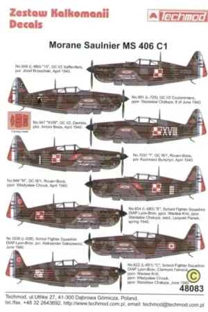 Koop Vandaag Sticker Morane Saulnier MS 406 C1 Armee d l′Air flown by Polish pilots 1940.(8) L980 GC 1/2 Josef Brzezinski L720 GC 1/2 S.Chalu