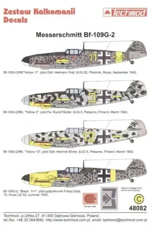 Sticker Messerschmitt Bf 109G-2 (4) Yellow 11 9/JG 52 Oblt Herman Graf 3/1943 Yellow 3+- 6/JG 5 Focke Wulf Fw Rudolf Muller Yell Voordeelprijs