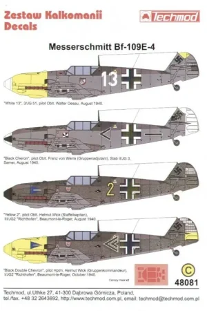 Sticker Messerschmitt Bf 109E-4 (4) White 13 3/JG 51Oblt Walter Oesau 1940 yellow nose Yellow 2 III/JG2 Richthofen Oblt Helmut W Superprijs