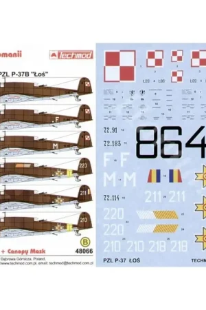 Lage Kosten Sticker PZL P.37B Los (7) 72-91 10 Bomber Squadron White F 72.183 White M 72.114 217 Bomber Squadron all Polish Air Force 1939.