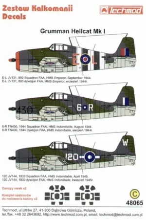 Weekendaanbieding Sticker Grumman F6F Hellcat Mk.I FAA (3) JV131 E-L 800 NAS HMS Emperor D-Day stripes FN430 6-R 1844 NAS HMS Indomitable 1944 JV1