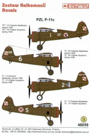 Hoge Kwaliteit Sticker PZL P.11C Part 3. (4) White 57 141 Fighter Squadron White 6 161 SF White 2 113FS White 5 111FS. all Khaki/Lt Blue