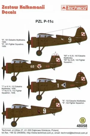 Sticker PZL P.11C Part 2. (4) White 9 161Fighter Squadron White 65 142FS White 1 112FS White 9 132FS. all Khaki/Lt Blue Bestel Nu