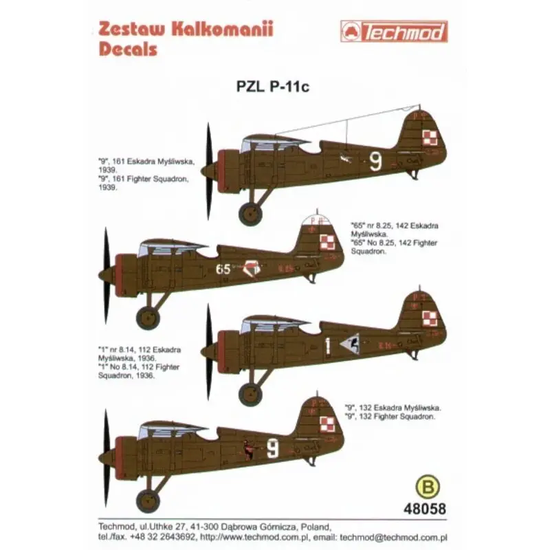 Sticker PZL P.11C Part 2. (4) White 9 161Fighter Squadron White 65 142FS White 1 112FS White 9 132FS. all Khaki/Lt Blue Bestel Nu