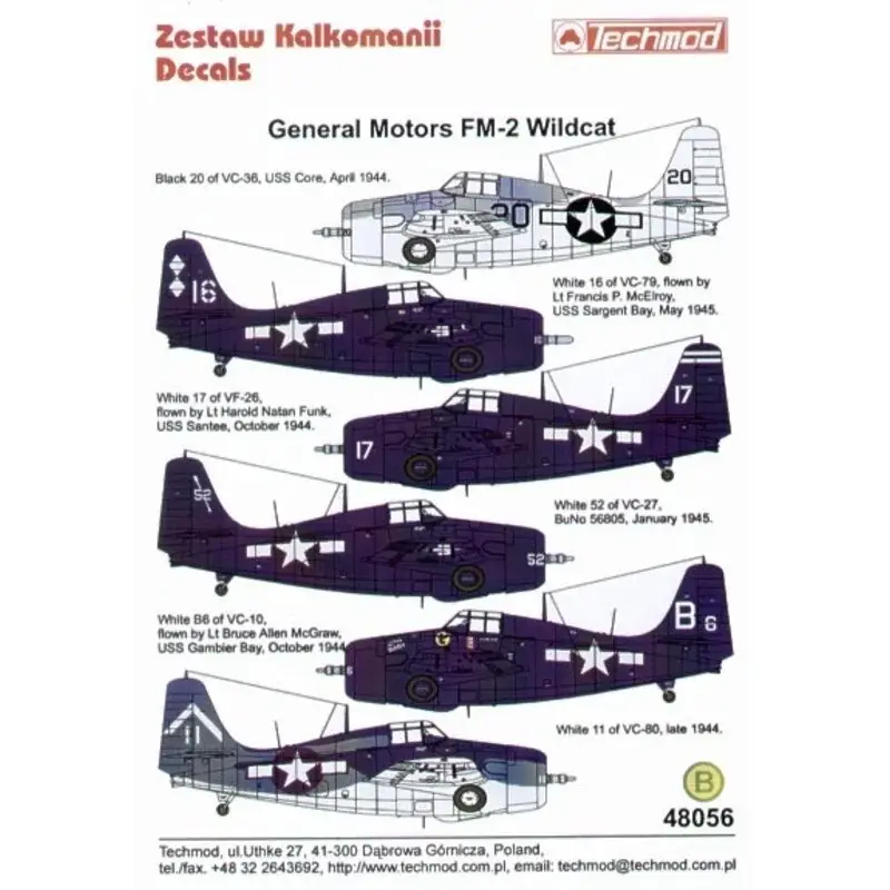 Sticker GM FM-2 Wildcat (6) Black 20 VC-36 USS Core 1944 Dark Gull Grey/White White 11 VC-80 1944 3 tone camouflage White 16 VC- Aanbieding