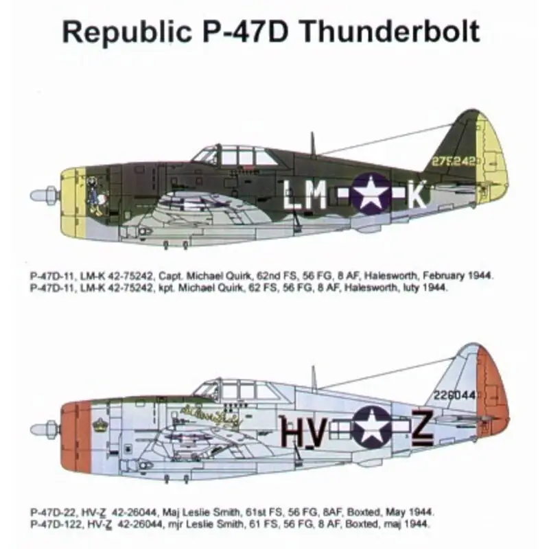 Sticker Republic P-47D Thunderbolt Razorbacks (2) 42-75242 LM-K Capt M.Quirk 62FS 42-26044 HV-Z Maj L.Smith Silver Lady Hoge Kwaliteit