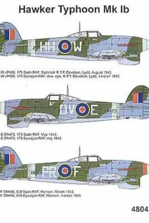 Koopje Sticker Hawker Typhoon Mk.Ib (3) JP496 HH-W 175 Squadron S/L T.P.Davidson 1943 DN473 OV-E 179 Squadron DN406 PR-F 609 Squadron M