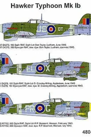 Sticker Hawker Typhoon Mk.Ib (3) EK273 JE-DT 195 Squadron S/L Don Taylor 1943 EK270 EL-X 181 Squadron S/L D. Crowley-Millington Hete Deal