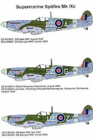 Sticker Supermarine Spitfire Mk.IXc (3) EN527 SZ-A NH214 SZ-G both 316 Squadron 1943 BS456 UZ-Z 306 Squadron 1942 Finale Uitverkoop