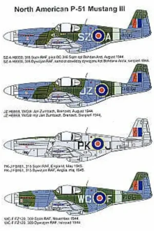 Sticker North American P-51B Mustang III (4) HB930 SZ-A 316 Squadron HB868 JZ FZ120 WC-F 309 Squadron all camouflage. FB161 PK-J Weekendaanbieding